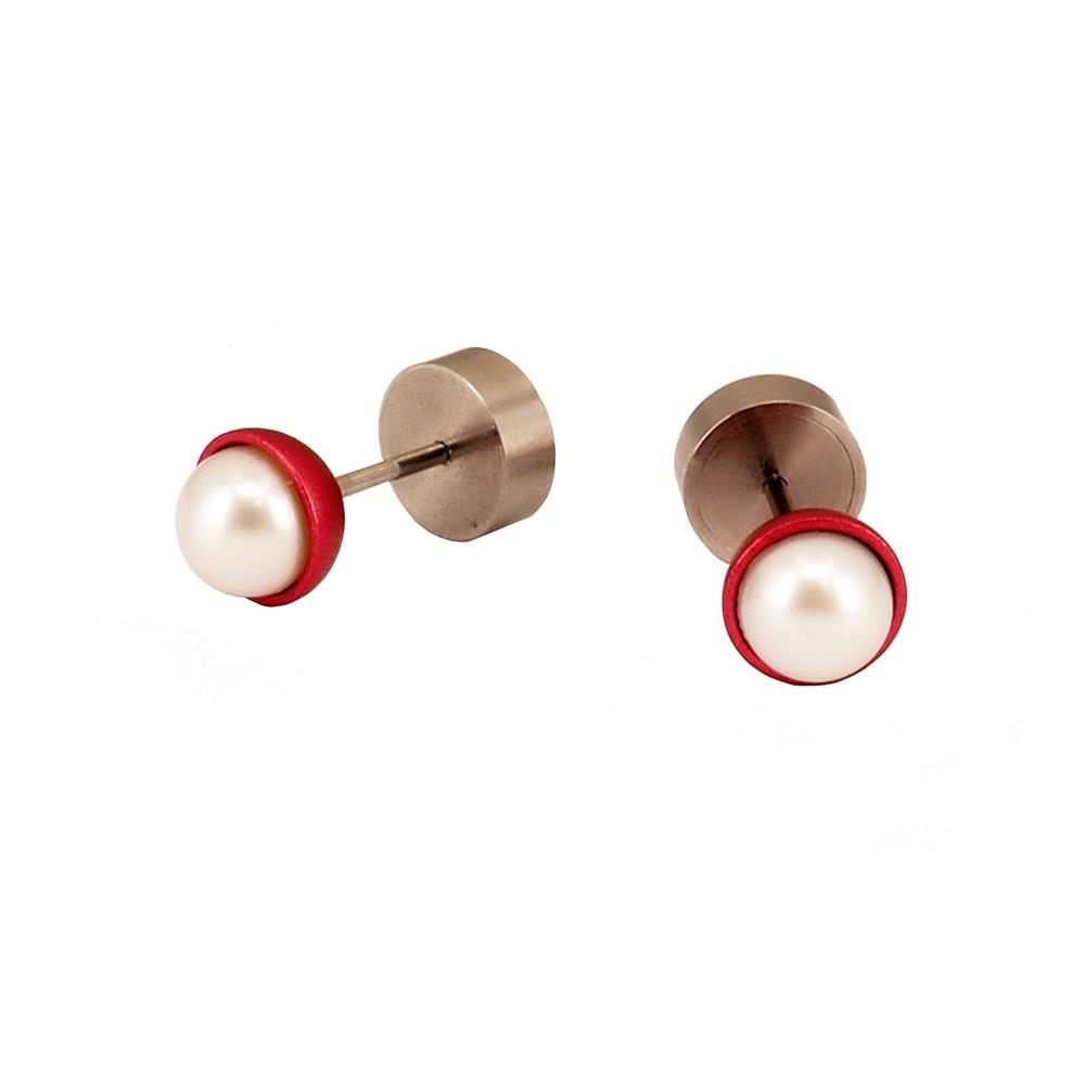 Pendientes acero color rojo y perla 6mm blanco | SE-3.97.6 | ERNSTES DESIGN